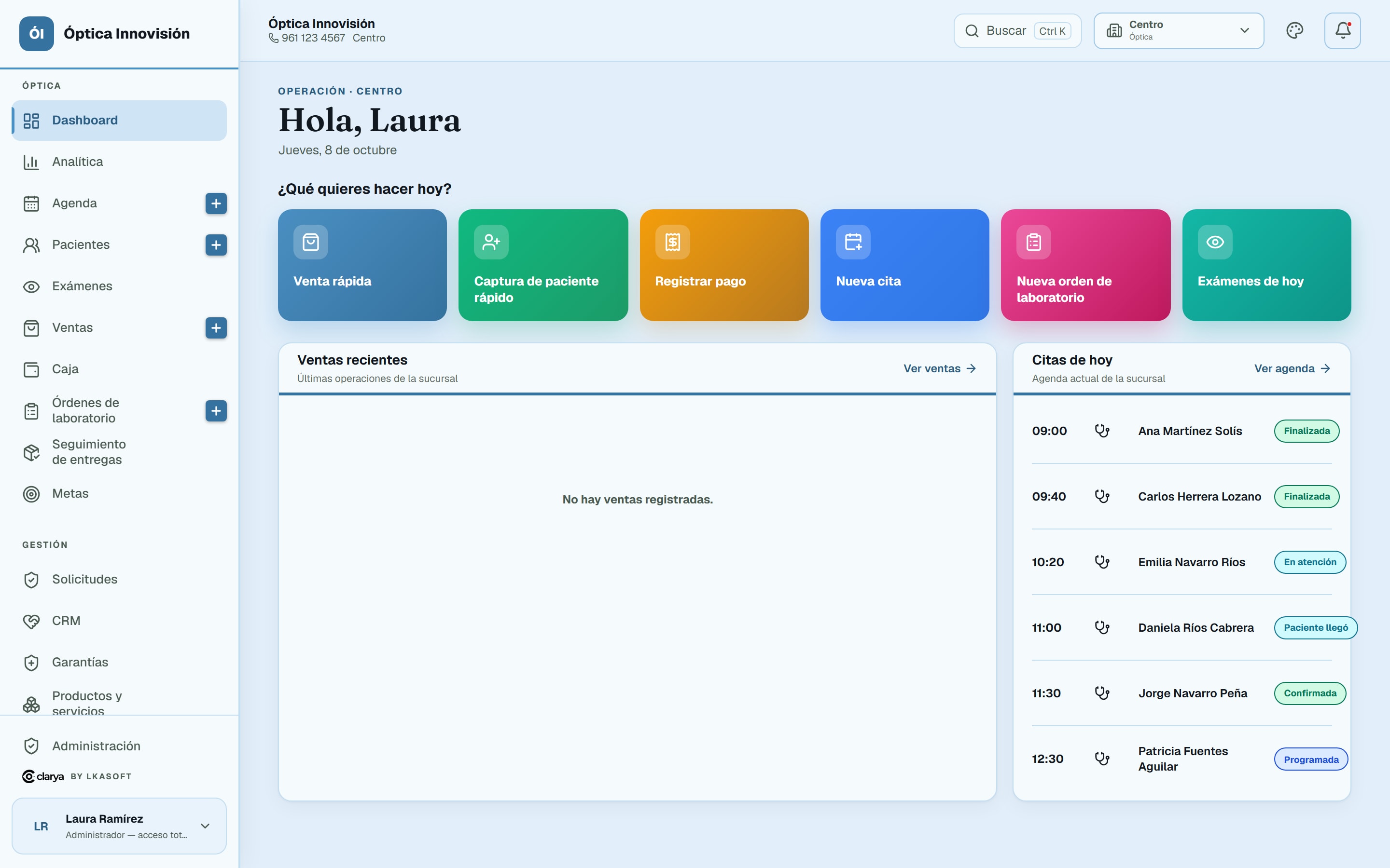 Panel de operación de Clarya para una óptica