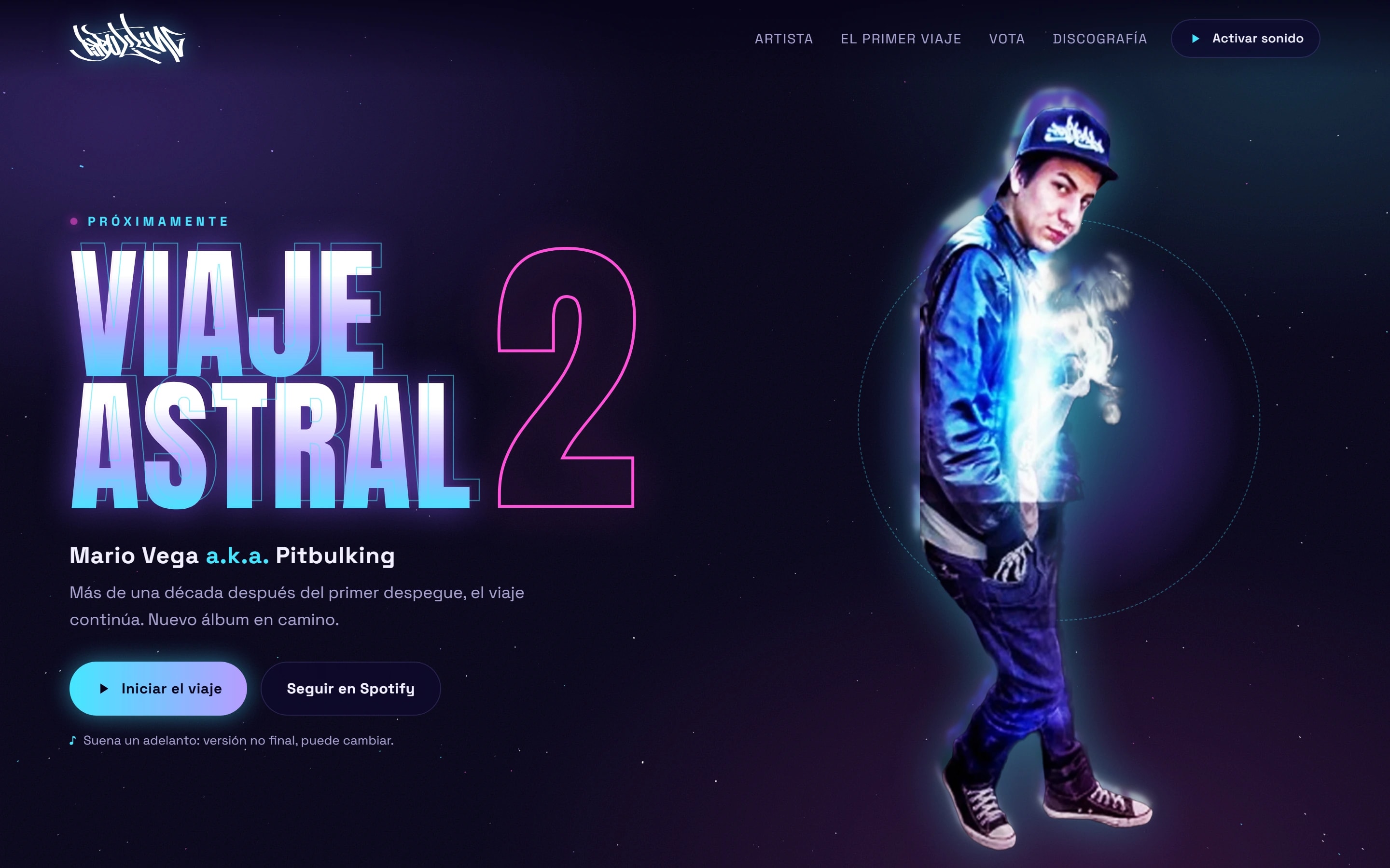 Portada del sitio de Pitbulking para el álbum Viaje Astral 2